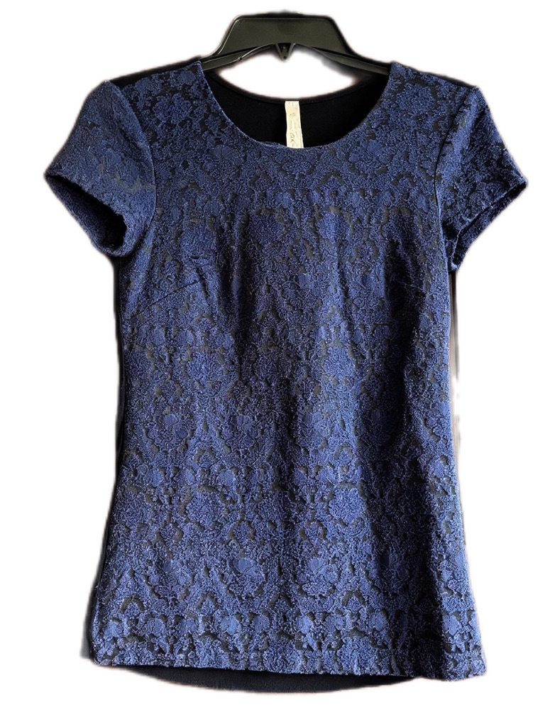 Bailey 44 Navy Blue Floral Jacquard Short Sleeve Blouse Textured Knit Xs